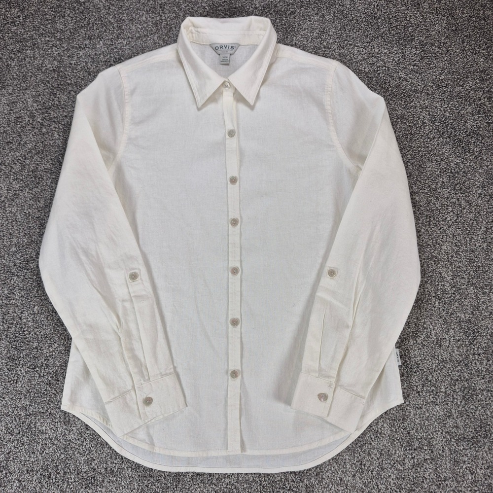 Orvis Linen Blend Shirt Womens Small White Button Down Long‎ Sleeve Minimalist